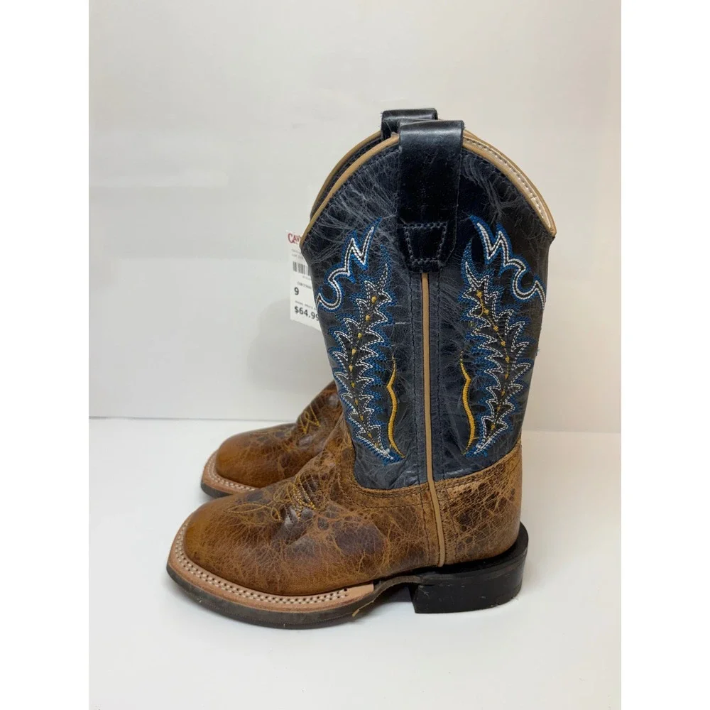 Old West Kids Boys Burnt Tan Navy Blue Square Toe Cowboy Boots BSC1960 Sz 9D